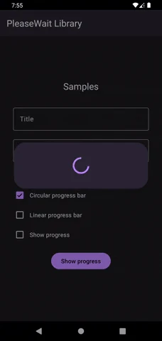 The PleaseWait sample app showing an indeterminate circular progress dialog