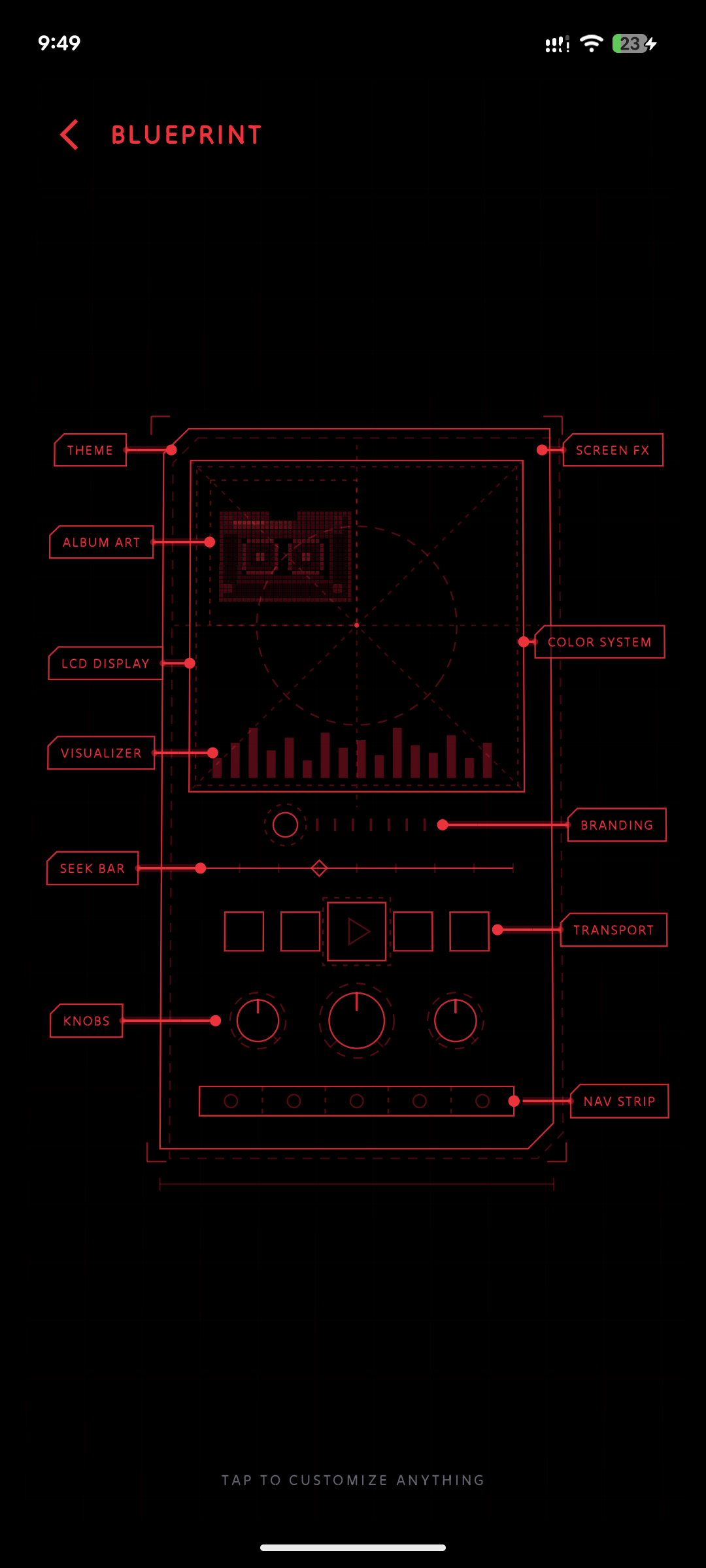 NeoMusic blueprint screen mapping every customizable part of the player